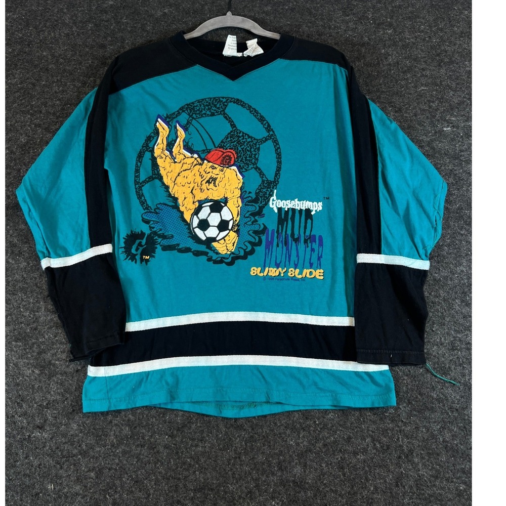 VINTAGE 90s Goosebumps Mud Monster Slimy Slide Shirt Youth Size 18 Blue Graphic